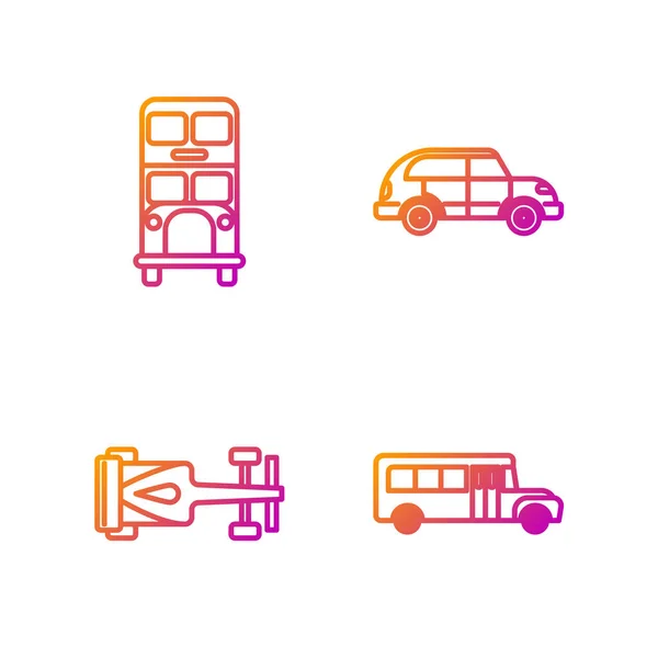 Set linea scuolabus, Formula auto da corsa, autobus a due piani e auto Hatchback. Icone di colore sfumato. Vettore — Vettoriale Stock