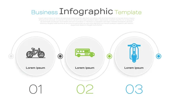 Set line Bicicleta, Autobús escolar y Scooter. Plantilla de infografía empresarial. Vector — Vector de stock