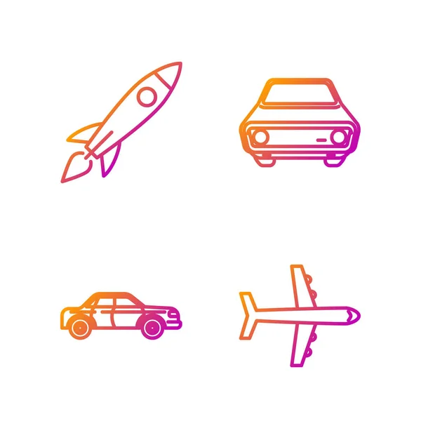 Set line αεροπλάνο, αυτοκίνητο Sedan, Rocket πλοίο με φωτιά και αυτοκίνητο. Κλιμακωτές έγχρωμες εικόνες. Διάνυσμα — Διανυσματικό Αρχείο