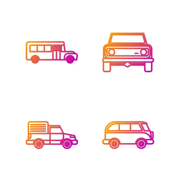Définir la ligne minifourgonnette rétro, véhicule de camion cargo de livraison, autobus scolaire et voiture hors route. Icônes de couleurs dégradées. Vecteur — Image vectorielle