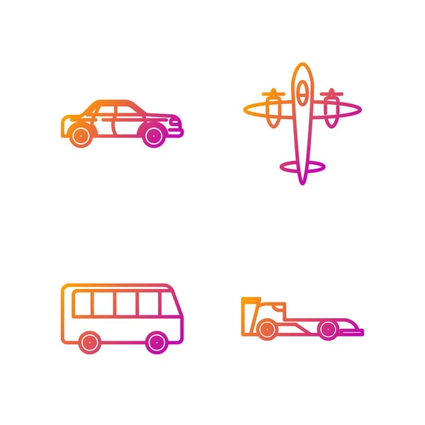 Set line Formula race car, Bus, Sedan car and Old retro vintage plane. Gradient color icons. Vector — 스톡 벡터