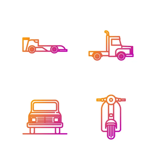Set line Scooter, Car, Formula race car and Delivery cargo truck vehicle. Gradient color icons. Vector — Stock Vector