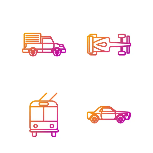 Set line Sedan auto, Trolleybus, Dodávka nákladní vůz a Formule závodní auto. Barevné ikony přechodu. Vektor — Stockový vektor