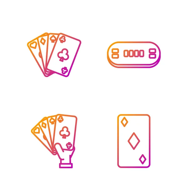 Definir linha Playing card with diamonds symbol, Hand holding playing cards, Playing cards and Poker table. Ícones de cores gradientes. Vetor — Vetor de Stock