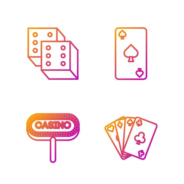 Establecer línea Jugando a las cartas, Casino letrero, Juego de dados y Jugar a las cartas con palas símbolo. Iconos de color degradado. Vector — Vector de stock