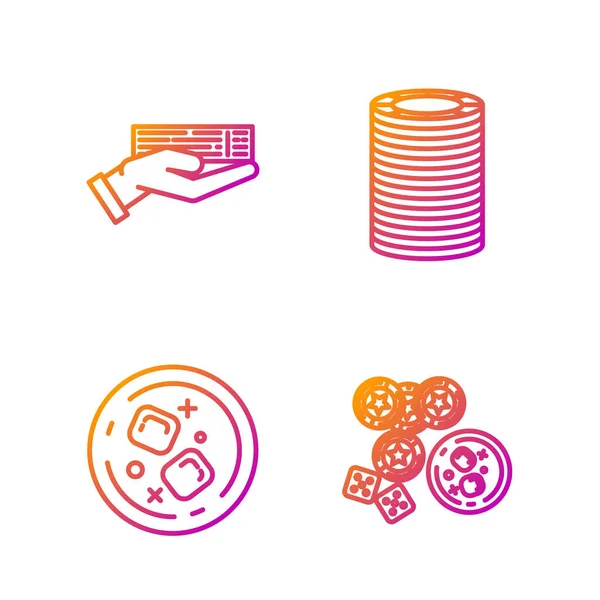 Set line Casino chips, game dice and glass of whiskey with ice cubes, Glass of whiskey and ice cubes, Hand holding deck of playing cards and Casino chips. Gradient color icons. Vector — ストックベクタ