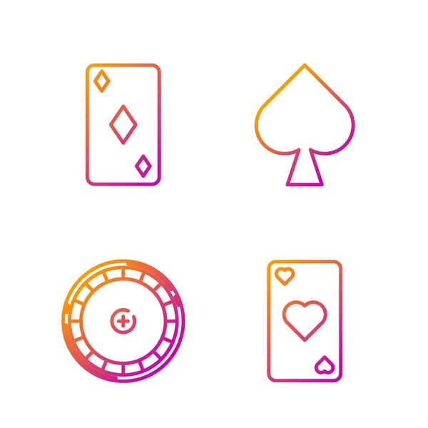 Set Line Spielkarte mit Herz-Symbol, Casino Roulette Rad, Spielkarte mit Diamanten-Symbol und Spielkarte mit Pik-Symbol. Farbverlauf-Symbole. Vektor — Stockvektor