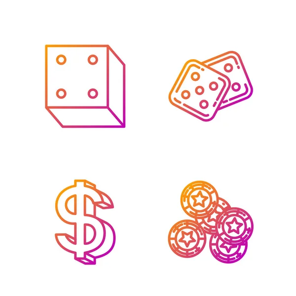 Establecer línea Casino chips, Dólar símbolo, Juego de dados y Juego de dados. Iconos de color degradado. Vector — Archivo Imágenes Vectoriales