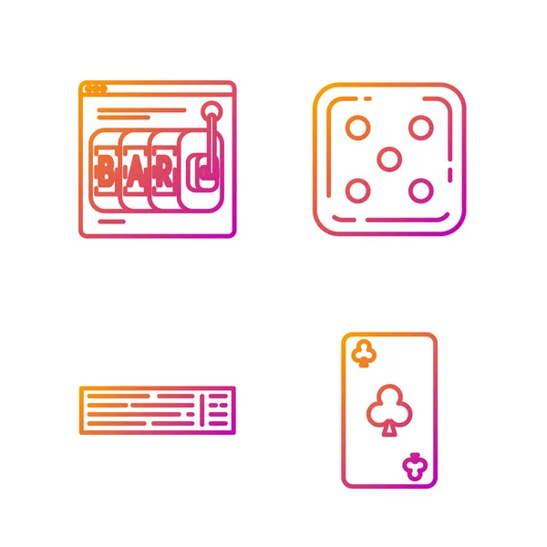 Establezca la línea de juego de cartas con el símbolo de los clubes, Deck of playing cards, máquina tragaperras en línea y dados de juego. Iconos de color degradado. Vector — Vector de stock