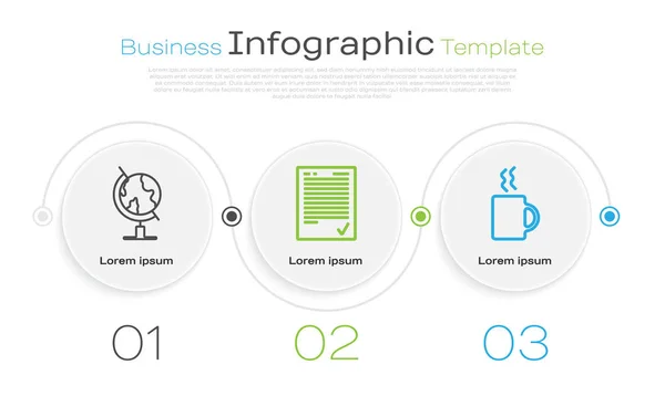 Establecer línea globo terrestre, hoja de examen con marca de verificación y taza de café. Plantilla de infografía empresarial. Vector — Vector de stock