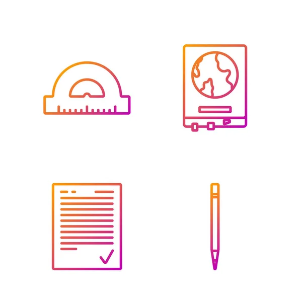 Set line Pencil with eraser, Exam sheet with check mark, Protractor grid for measuring degrees and World map on a school blackboard. Gradient color icons. Vector — 스톡 벡터