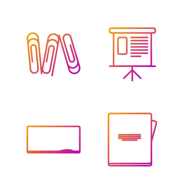 Set line Notebook, Chalkboard, Paper clip and Presentation financial board with graph, schedule, chart, diagram, infographic, pie graph. Gradient color icons. Vector — 스톡 벡터