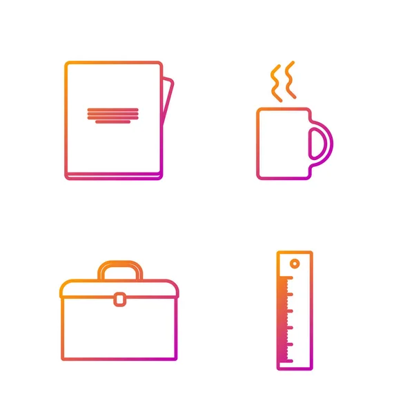 Állítsa be a vonal Ruler, aktatáska, notebook és kávéscsésze. Gradient színes ikonok. Vektor — Stock Vector