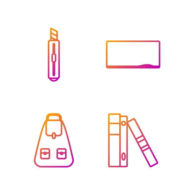 Set line Office folders with papers and documents, School backpack, Stationery knife and Chalkboard. Gradient color icons. Vector — 스톡 벡터