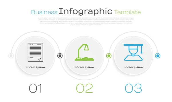 Définir la ligne Feuille d'examen avec coche, Lieu de travail avec lampe de table et livre ouvert et diplômé et bouchon de graduation. Modèle d'infographie d'entreprise. Vecteur — Image vectorielle