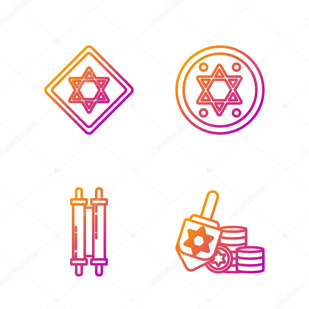 Set line Hanukkah dreidel and coin, Torah scroll, Star of David and Jewish coin. Gradient color icons. Vector
