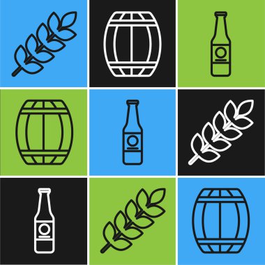 Pirinç, buğday, mısır, yulaf, çavdar, arpa, bira şişesi ve tahta fıçı ikonuyla dizilmiş mısır gevrekleri. Vektör