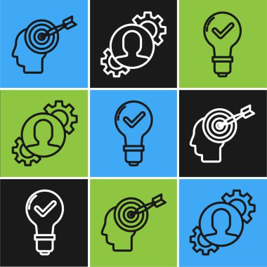 Çizgi başı avlanma konsepti, ampul ve işaretleme işareti ve ikon içinde ekipman olan insan. Vektör