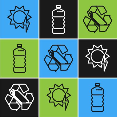 Güneş enerjisi paneli, plastik şişe ve plastik şişe ikonunu geri dönüşüm için ayarla. Vektör
