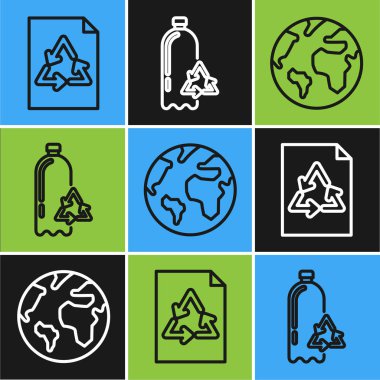 Kağıdı geri dönüşümlü, Dünya küresi ve plastik şişe ikonlu olarak ayarla. Vektör