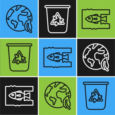 Dünya küresi ve yaprak çizgisi oluşturun, okyanus plastik kirliliğini durdurun ve geri dönüşüm sembolü olan geri dönüşüm kutusunu kapatın. Vektör