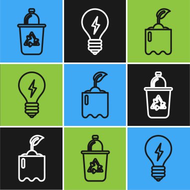 Geri dönüşüm sembolüyle geri dönüşüm kutusunu, şişede filizlenmeyi ve yıldırım sembollü ampulü ayarla. Vektör