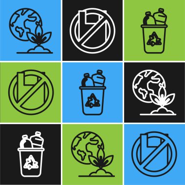 Yerküre küresi ve bitki, geri dönüşüm sembollü geri dönüşüm kutusu ve plastik poşet poster ikonuna hayır de. Vektör