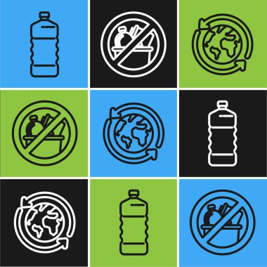 Plastik şişe, Dünya Gezegeni, geri dönüşüm ve çöp ikonu yok. Vektör