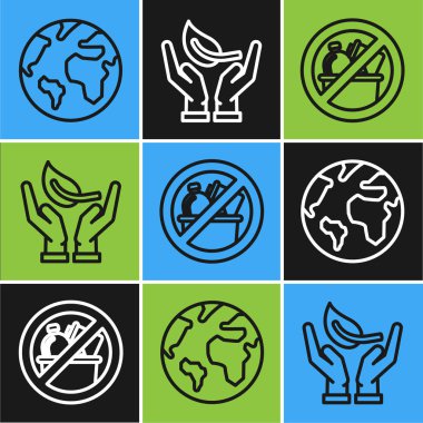 Dünya küresi hattı oluşturun, çöp yok ve filizlenme çevre koruma ikonunun elinde. Vektör