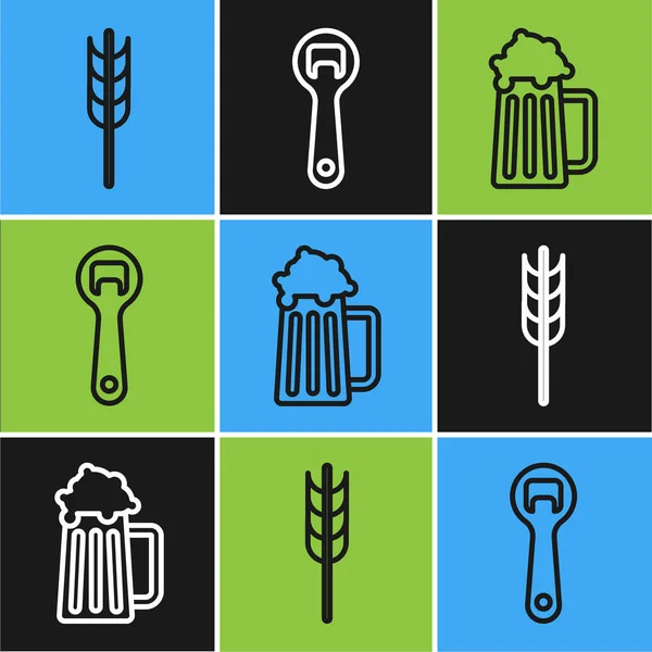 ラインを設定する米、小麦、トウモロコシ、オート麦、ライ麦、大麦、木製のビールマグカップやボトルのオープナーアイコンとセラリアルを設定します。ベクトル — ストックベクタ
