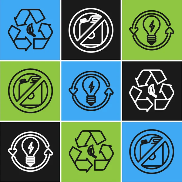 Régler la ligne Recycler le symbole et la feuille, Recycler et ampoule avec symbole de foudre et Pas de boîte pour l'icône de l'essence. Vecteur — Image vectorielle