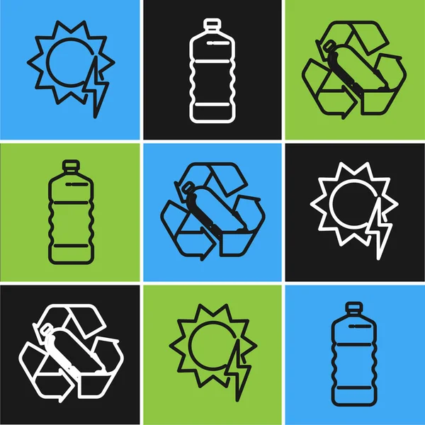 Set line Solární panely, Recyklace plastové láhve a ikony plastové láhve. Vektor — Stockový vektor