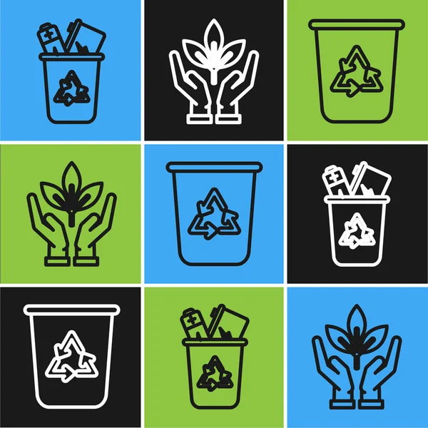 Establecer línea Papelera de reciclaje con símbolo de reciclaje, Papelera de reciclaje con símbolo de reciclaje y Planta en la mano del icono de protección del medio ambiente. Vector — Vector de stock