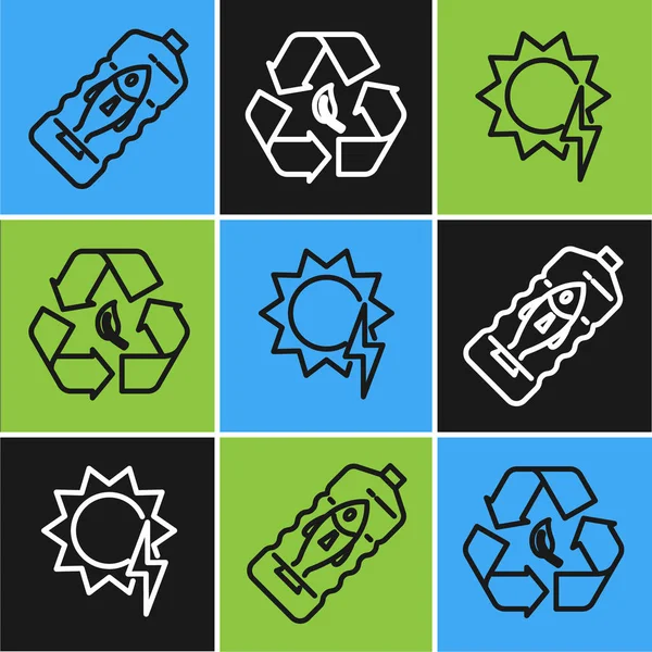 Establecer línea Detener la contaminación plástica oceánica, panel de energía solar y reciclar símbolo y hoja icono. Vector — Vector de stock