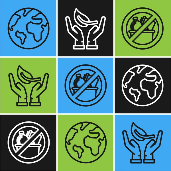 Dünya küresi hattı oluşturun, çöp yok ve filizlenme çevre koruma ikonunun elinde. Vektör