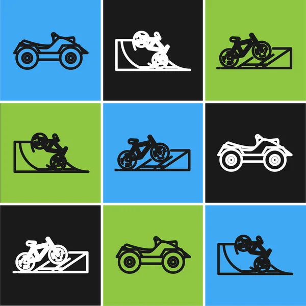 Définir la ligne Véhicule tout terrain ou moto VTT, vélo sur rampe de la rue et vélo sur l'icône de rampe de la rue. Vecteur — Image vectorielle