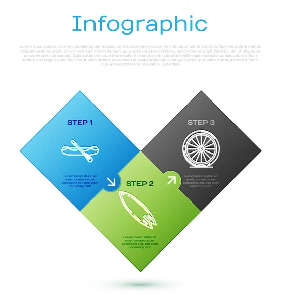 Set line Rafting boat, Bicycle wheel and Surfboard. Business infographic template. Vector — Stock Vector