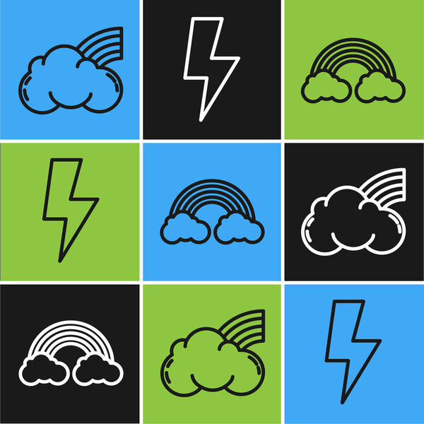 Установите линию Радуга с облаками, Радуга с облаками и значок Молнии молнии. Вектор
