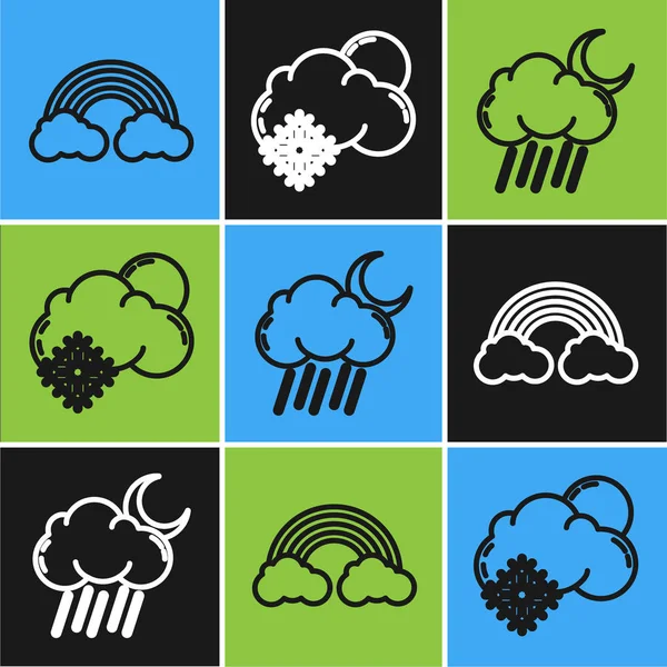 Set line Rainbow with clouds, Cloud with rain and moon and Cloud with snow and sun icon. Vector — Stock Vector