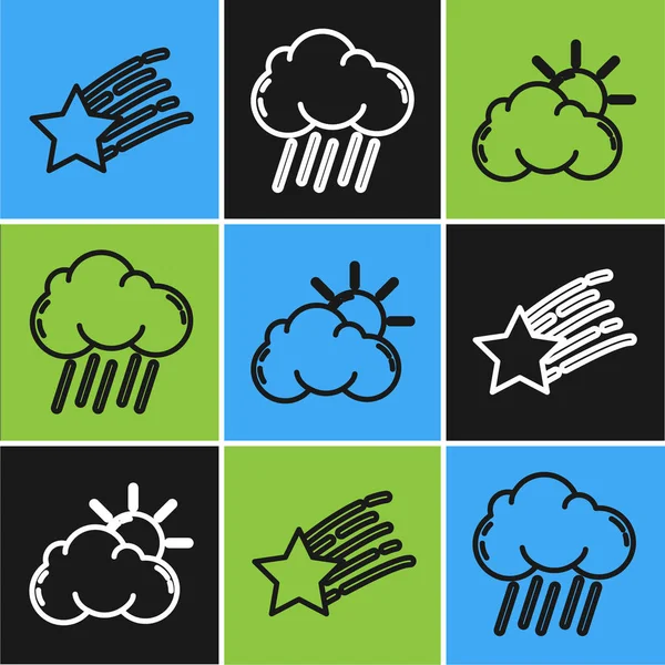 Untergangslinie Sternschnuppen, Sonne und Wolken Wetter und Wolken mit Regensymbol. Vektor — Stockvektor