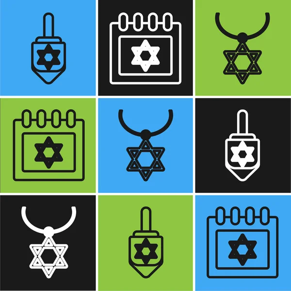 Definir linha Hanukkah dreidel, Estrela de David colar na cadeia e calendário judaico com estrela do ícone de David. Vetor —  Vetores de Stock