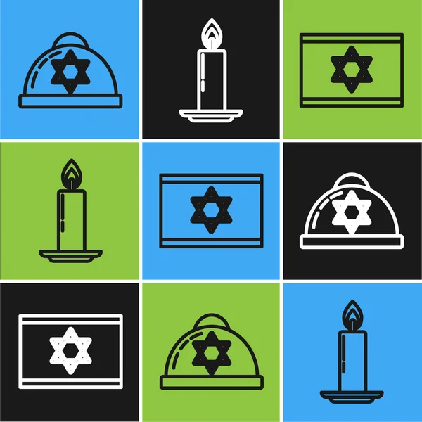 Fixer la ligne kippah juif avec étoile de David, Drapeau d'Israël et bougie brûlante dans l'icône de chandelier. Vecteur — Image vectorielle