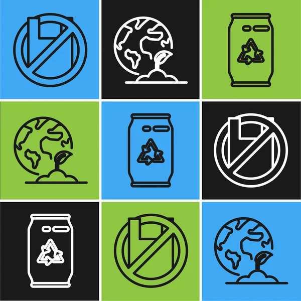 Set line Say no to plastic backs poster, Can with recycle symbol and can and Earth globe and plant icon. Вектор — стоковый вектор