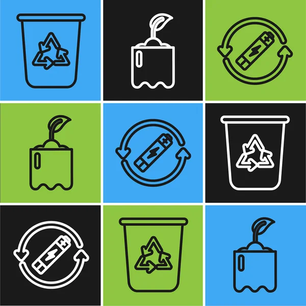 Set lijn Prullenbak met recycle symbool, Batterij met recycle symbool lijn en Sprout in fles pictogram. Vector — Stockvector