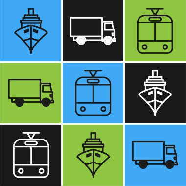 Kargo gemisi, tramvay ve demiryolu ve kargo kamyonu ikonu ayarlayın. Vektör