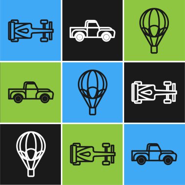 Formula yarış arabası, sıcak hava balonu ve kamyonet ikonu. Vektör