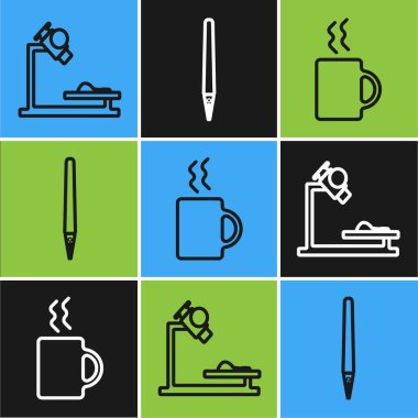 Mikroskop, kahve fincanı ve kalem simgesini ayarla. Vektör