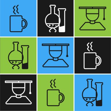 Sıra kahve fincanı, mezuniyet şapkası, test tüpü ve matara kimyasal test ikonu. Vektör