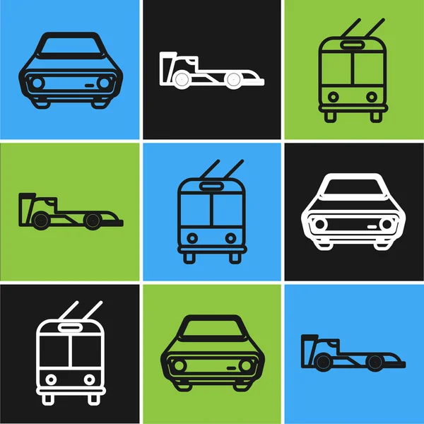 Set line Car, Trolleybus and Formula race car icon. Vector — 스톡 벡터