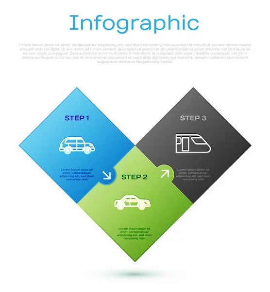 Ustaw linię Hatchback samochód, Pociąg i samochód Sedan. Szablon infograficzny biznesu. Wektor — Wektor stockowy